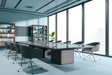 Modern corporate boardroom interior with large windows, sleek furniture, and bookshelves in a high-rise office setting. 3D Rendering