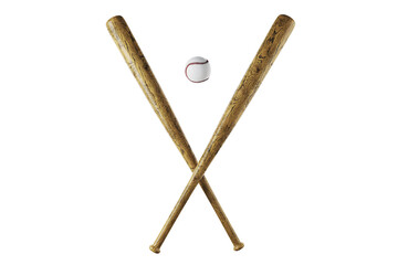 Wooden baseball bats crossed with ball above on white background, symbolizing sport and workout training equipment design element template. 3D Rendering