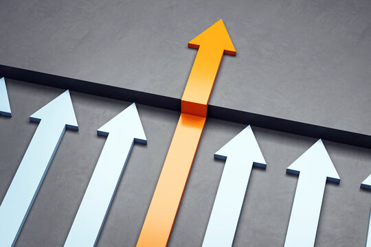 Orange arrow breaking through barrier among blue arrows symbolizing innovation, strategy, and success in overcoming obstacles and growth. 3D Rendering