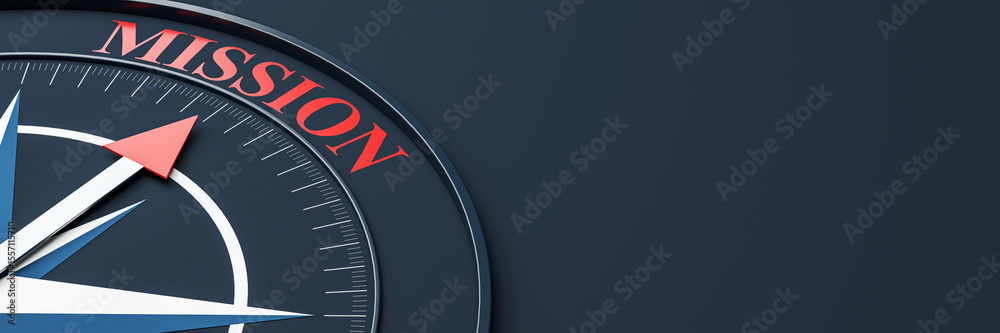 Poster red arrow on modern dark compass pointing to the word 