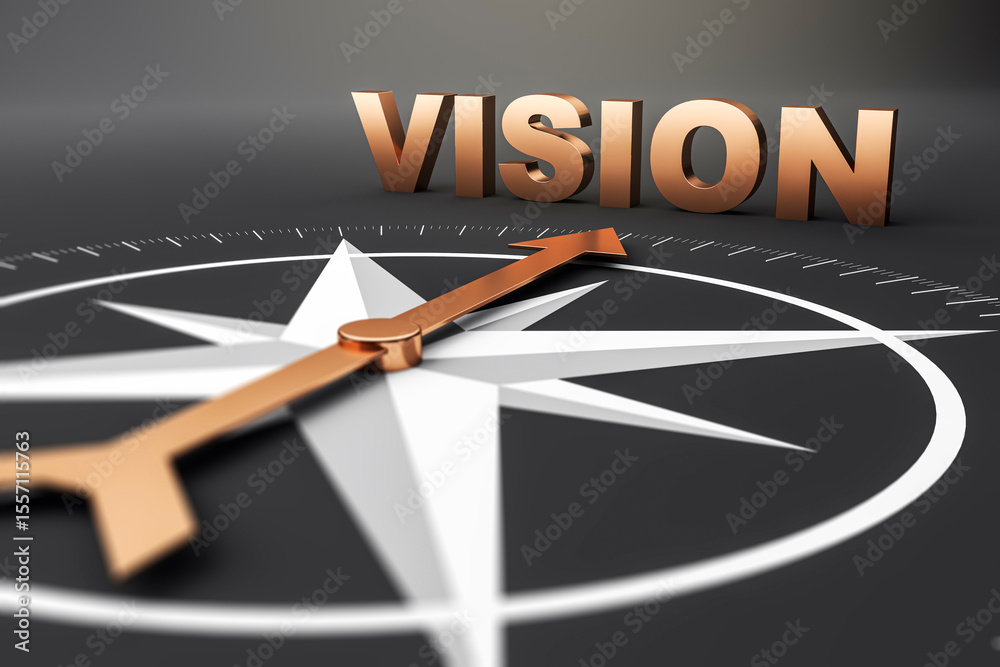 Poster golden compass arrow pointing to bold word vision on dark background symbolizing direction, leadersh
