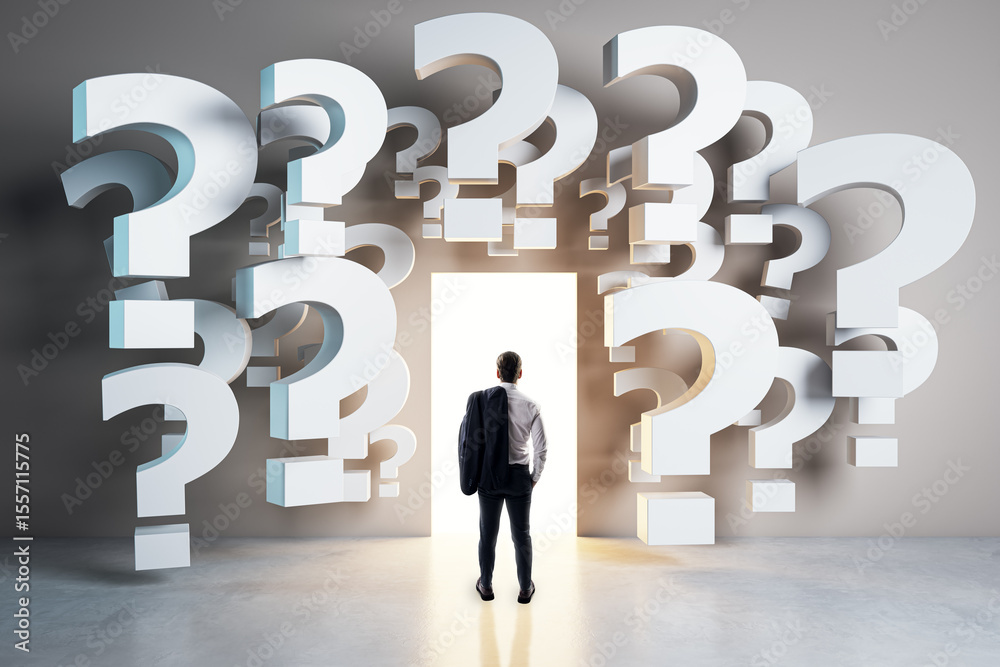 Poster businessman standing at a bright doorway surrounded by floating question marks, symbolizing decision