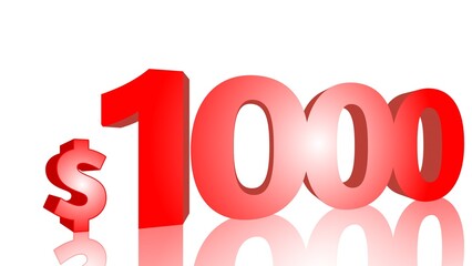 Price symbol 1000$ . 3D rendering of red text with dollar sign on white background