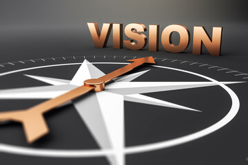 Golden compass arrow pointing to bold word VISION on dark background symbolizing direction, leadership, and goal-oriented business strategy. 3D Rendering © Who is Danny