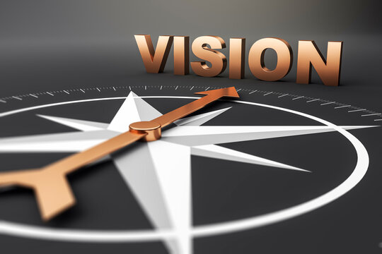Golden compass arrow pointing to bold word VISION on dark background symbolizing direction, leadership, and goal-oriented business strategy. 3D Rendering