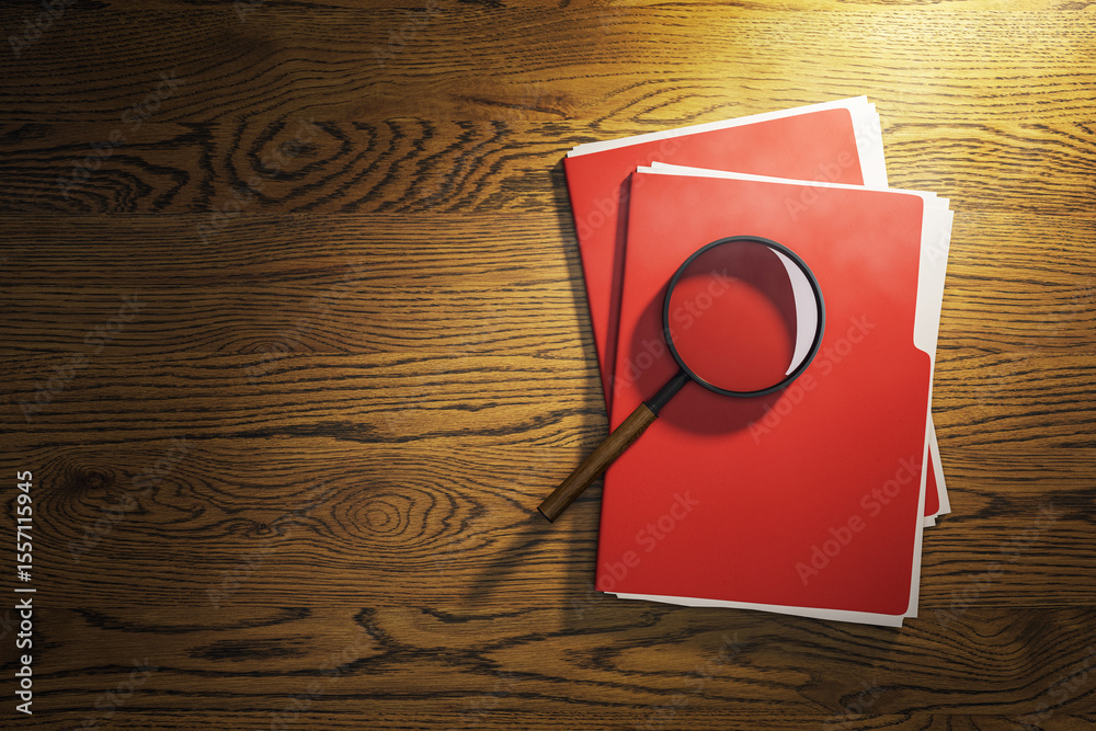 Aufkleber magnifying glass on red folders on wooden desk under spotlight, symbolizing confidential document in