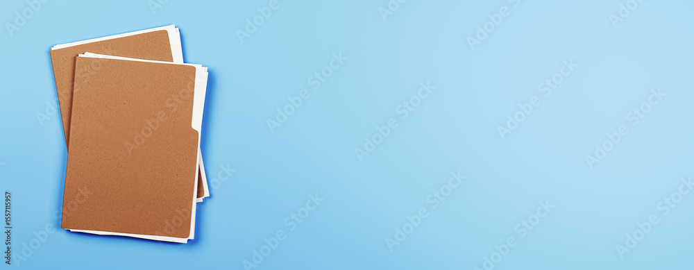 Poster Brown document folders stacked on top of each other with white papers inside, placed on a clean blue background with copy space on the right side. 3D Rendering