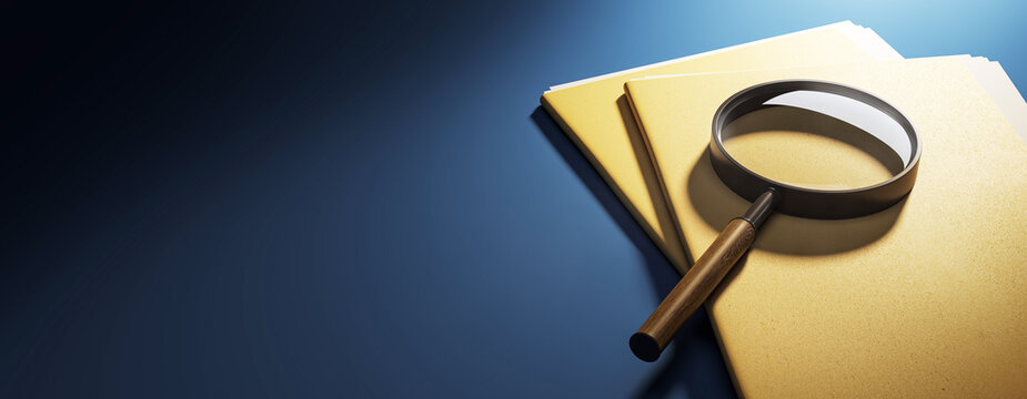 Magnifying glass inspecting stacked manila folders on desk under spotlight with dark blue background symbolizing investigation and data search. 3D Rendering