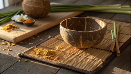 Natural Ingredients in a Rustic Setting with Bowl and Spices