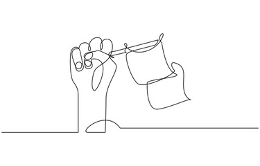 Continuous single line sketch drawing of hand holding flag show success, Hand holds flag in single line illustration.
