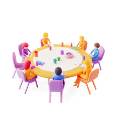 figures in a circle meeting around a table on transparent background
 