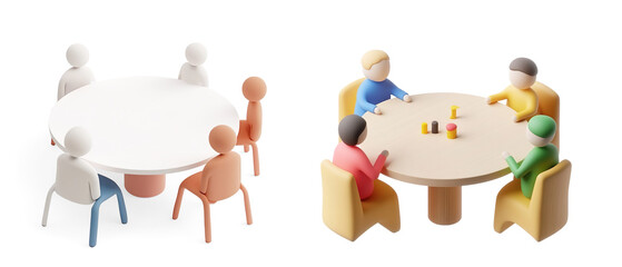 figures in a circle meeting around a table on transparent background
 