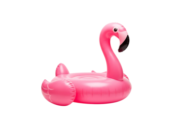 Pink inflatable flamingo pool float isolated on transparent background, ideal for tropical vacation themes, pool party concepts, summer lifestyle promotions, or beach holiday illustrations.

