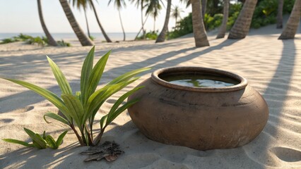 Fototapeta premium Serenity of Tropical Beach with Clay Pot and Lush Green Plant