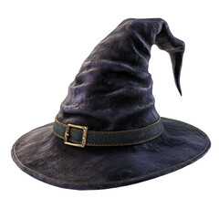 A detailed witch hat with purple and black color, golden buckle, isolated on white background, realistic lighting, no hard shadow