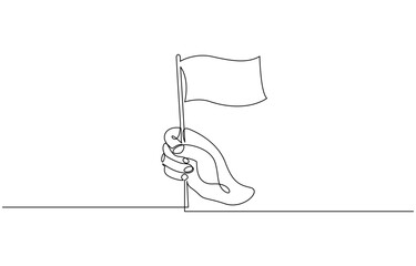 Continuous single line sketch drawing of hand holding flag show success, Hand holds flag in single line illustration.