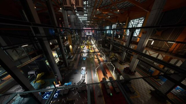 A bustling factory environment features a complex machine building conveyor system. The area is filled with equipment and workers engaged in the manufacturing process.