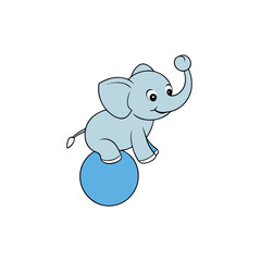 Adorable baby elephant gracefully balancing on a small ball with its trunk raised