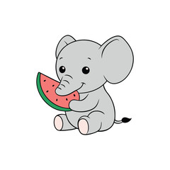 Adorable baby elephant sitting and holding a slice of watermelon