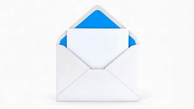 Clean white envelope with an open flap and a blank paper sheet inside with a vibrant blue interior on an isolated white background.