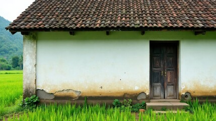 Rustic Farmhouse Exterior with Weathered Walls and Aged Wooden Double Door, Set Against a Vibrant Green Rice Paddy Field
