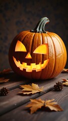 Scary halloween pumpkin on wooden planks, copy space on a side