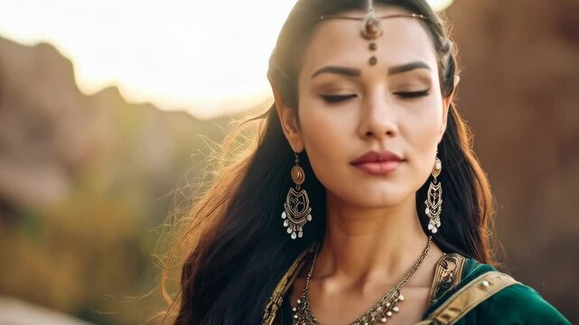 Portrait of an elven woman with closed eyes outdoors wearing traditional jewelry and green velvet garment in a serene environment