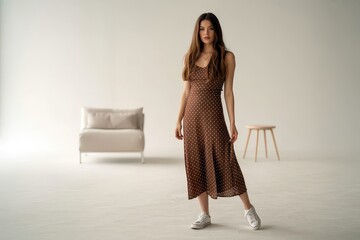 A young woman in a brown polka dot midi dress stands in a minimalist studio setting