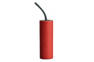Single red firecracker with a burning fuse, poised for an explosive moment, isolated against a transparent background, ready to ignite