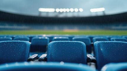 Empty stadium seats wet from rain