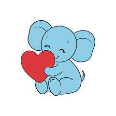 Adorable baby elephant affectionately snuggling a large vibrant heart shape