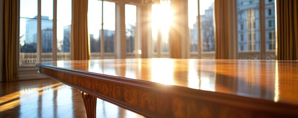 Empty wooden conference table sunlight