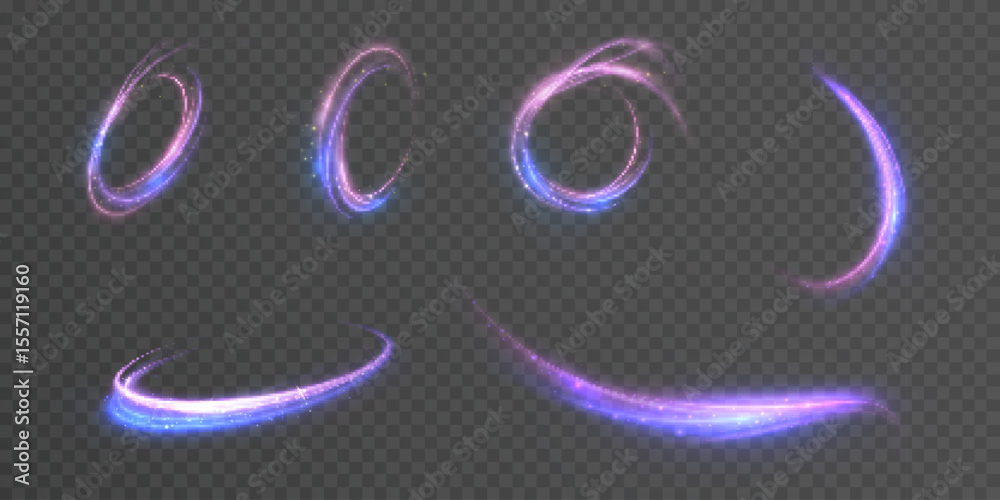 Aufkleber Bright sparkling light swirls with shining trails on a transparent background. Dynamic pink-violet and blue light rings and lines with glitter particles.
