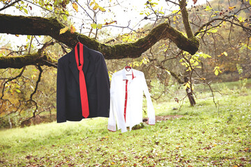 Two pieces of clothing hanging on a tree branch