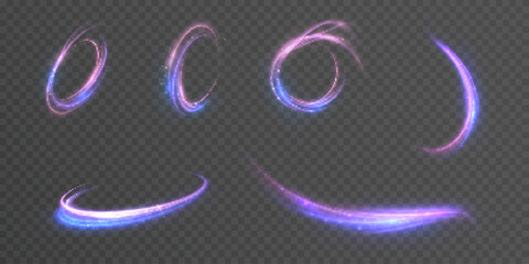 Bright sparkling light swirls with shining trails on a transparent background. Dynamic pink-violet and blue light rings and lines with glitter particles.