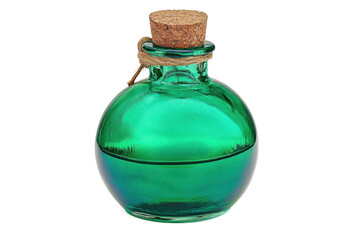 A potion bottle with glowing green liquid, glass transparency, cork stopper, floating look on white background