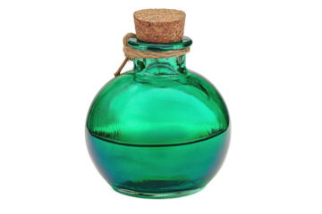 A potion bottle with glowing green liquid, glass transparency, cork stopper, floating look on white background