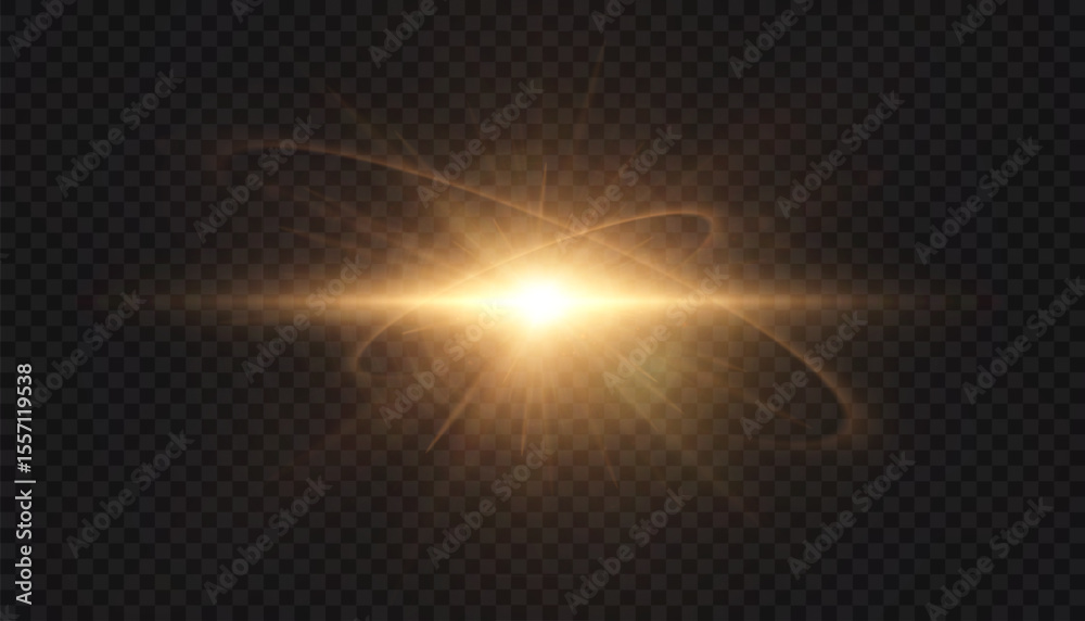 Poster Abstract golden light effect with rays and glare and particle explosion effect on transparent background. Vector 10 EPS