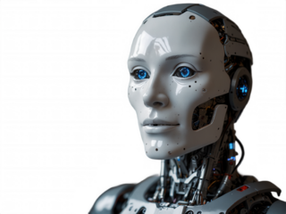 Close up of a humanoid robot with blue eyes against a black background