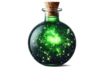 A potion bottle with glowing green liquid, glass transparency, cork stopper, floating look on white background