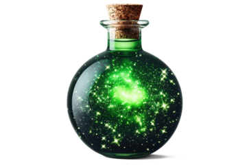 A potion bottle with glowing green liquid, glass transparency, cork stopper, floating look on white background