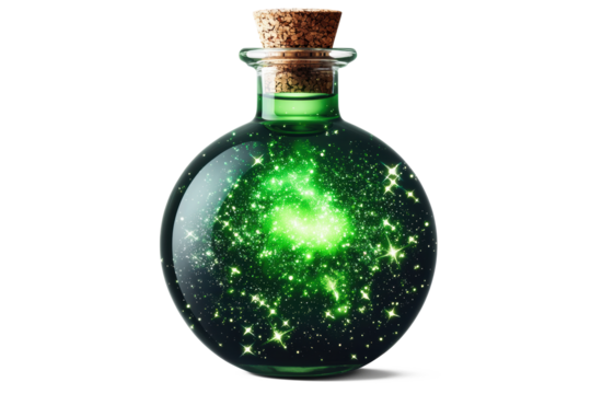 A potion bottle with glowing green liquid, glass transparency, cork stopper, floating look on white background