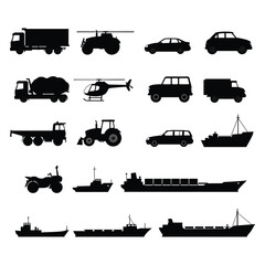 Fototapeta premium Collection of Transportation Silhouettes Vehicles, Trucks, Ships, and More