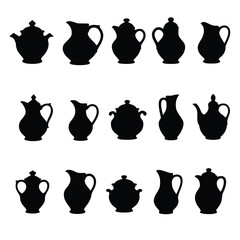 Collection of Black and White Silhouette Pitchers and Teapots Vintage Pottery Illustrations