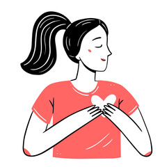 Young woman with a heart in her hands in a simple linear doodle style. isolated illustration.