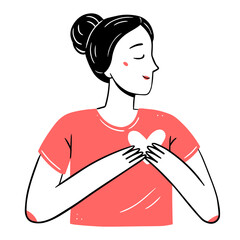 Young woman with a heart in her hands in a simple linear doodle style. isolated illustration.