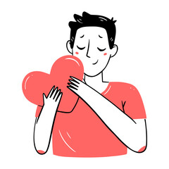 Young man hugging a heart in a simple linear doodle style. isolated illustration.