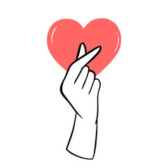 Hand showing a heart in a simple linear doodle style. isolated illustration.