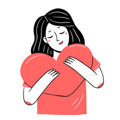Young woman hugging a heart in a simple linear doodle style. isolated illustration.