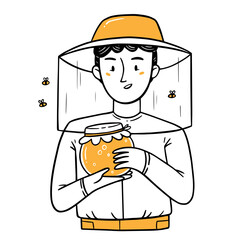 Man beekeeper with jar of honey with bees. Isolated illustration in doodle style.